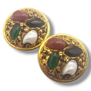 Vintage Florenza Gold Tone Black White Green Red Stone Round Clip On Earrings